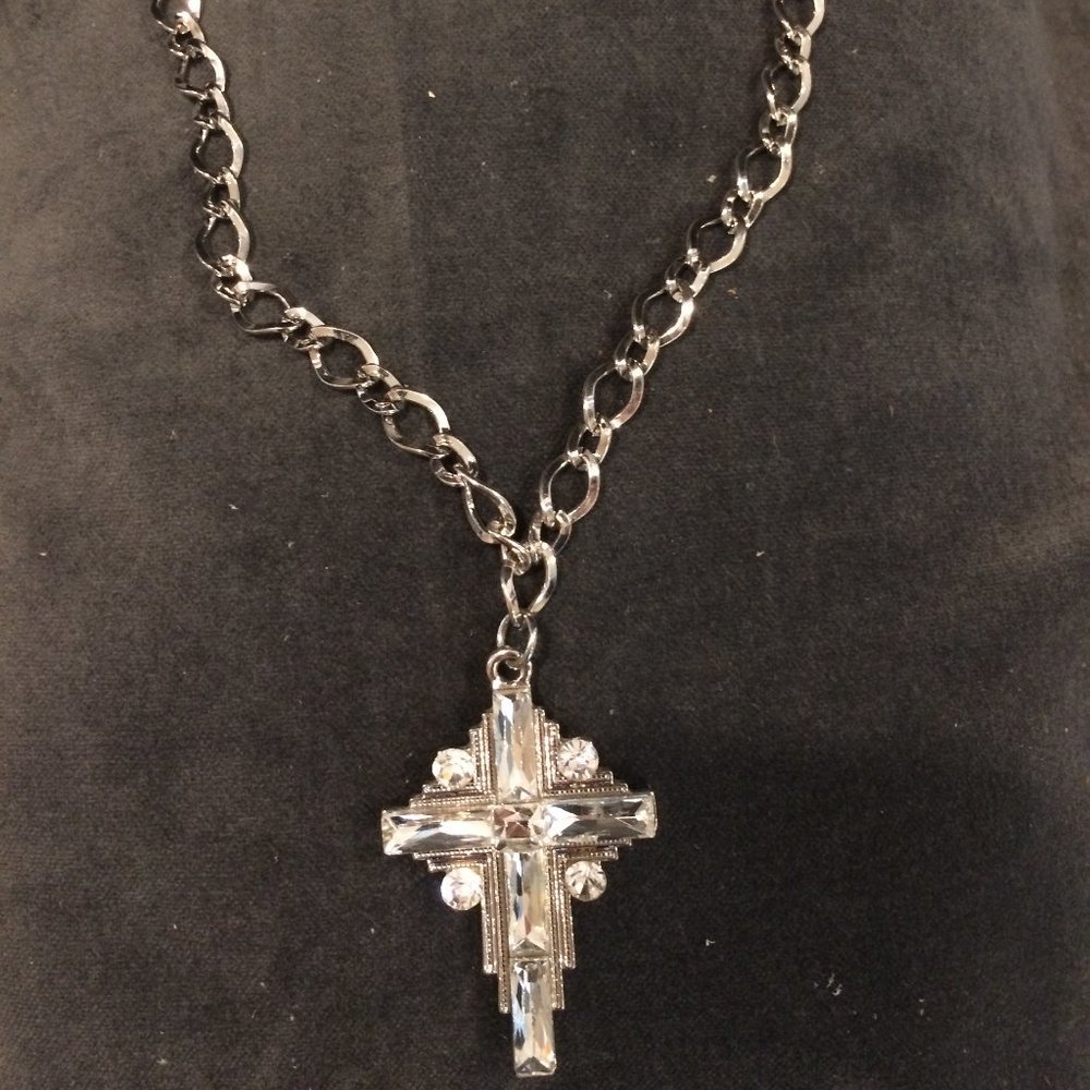 Silver Cross with White Rhinestone Bracelet